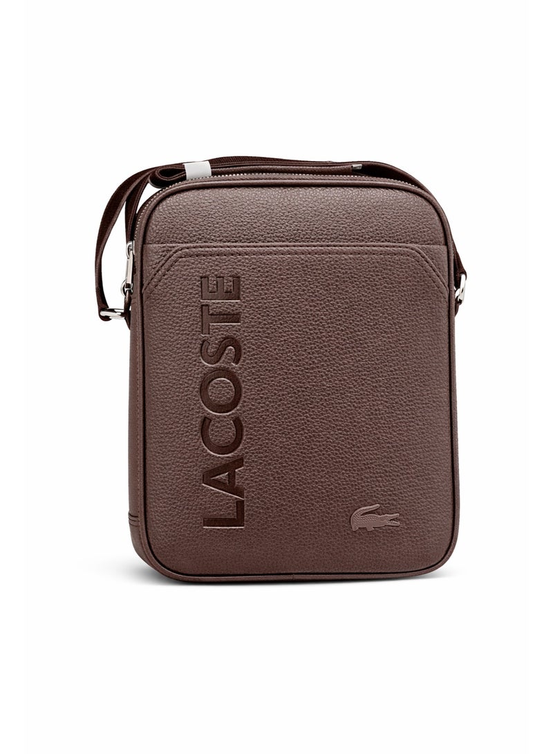 Lacoste Brown Crossbody Bag – Textured Leather Compact Shoulder Bag with Embossed Logo