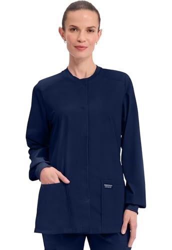 Cherokee Scrub for Women Snap Front Jacket with 3 Pockets, Fade Resistant, 2-Way Stretch, Soft & Durable Fabric - WW340, S, Navy - Image 2