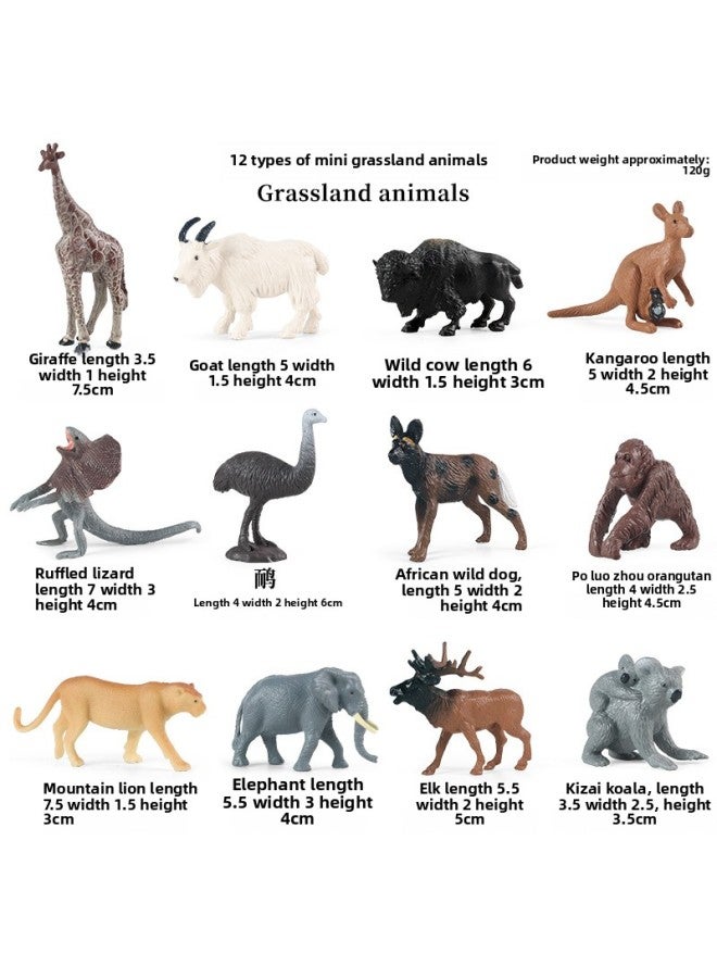Children's Simulation Wild Grassland Animal Model Mini Lion Giraffe Elephant Orangutan Kangaroo Deer Lizard Toy-Color:DT Mini Grassland Animals (12 Models Suit) - Image 1