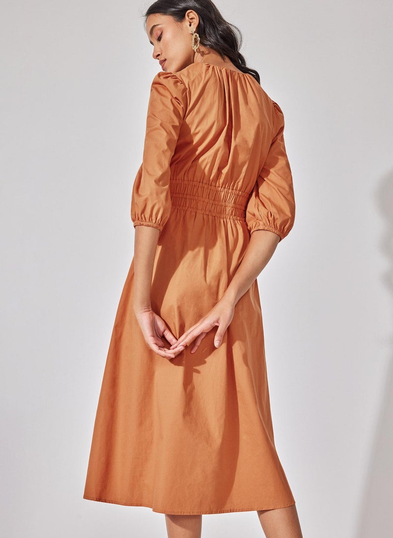 The Label Life Caramel Smocked Midi Dress - Image 4