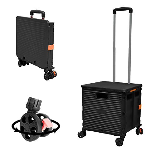 FELICON SELORSS Foldable Utility Cart Folding Portable Rolling Crate Handcart with Durable Heavy Duty Plastic Telescoping Handle Collapsible 4 Rotate Wheels for Travel Shop Move Luggage OfficeBlack