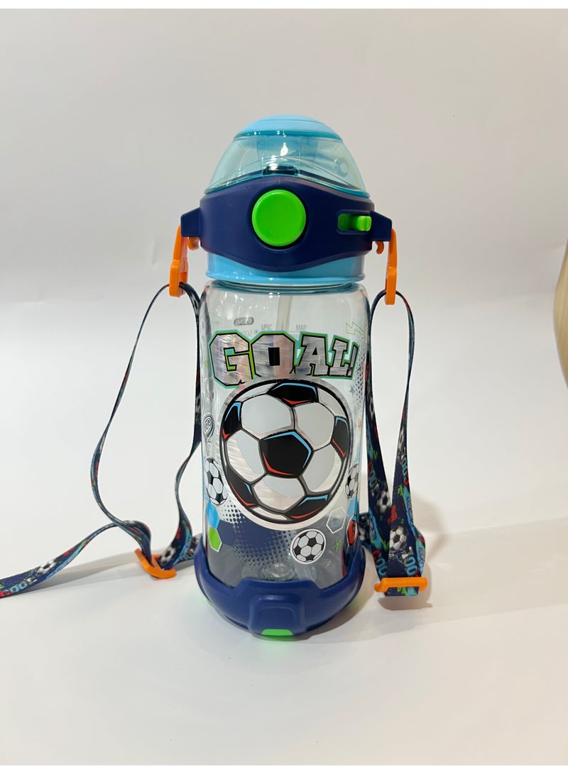 Football Theme Kids Water Bottle Sippy Cup with Straw, 650ML BPA-Free Leakproof Water Bottle with Adjustable Shoulder Strap, Portable Drinking Cup for Kids