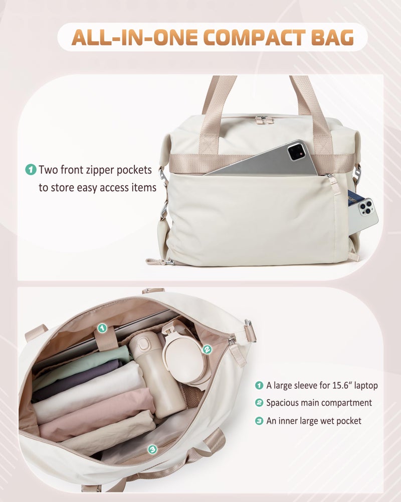 Smasrob Convertible Women Gym Bag with Shoe Compartment and Wet Pocket, Women Duffle Bag with Multiple Pockets and Crossbody Shoulder Strap for Travel and Gym, Beige - Image 2