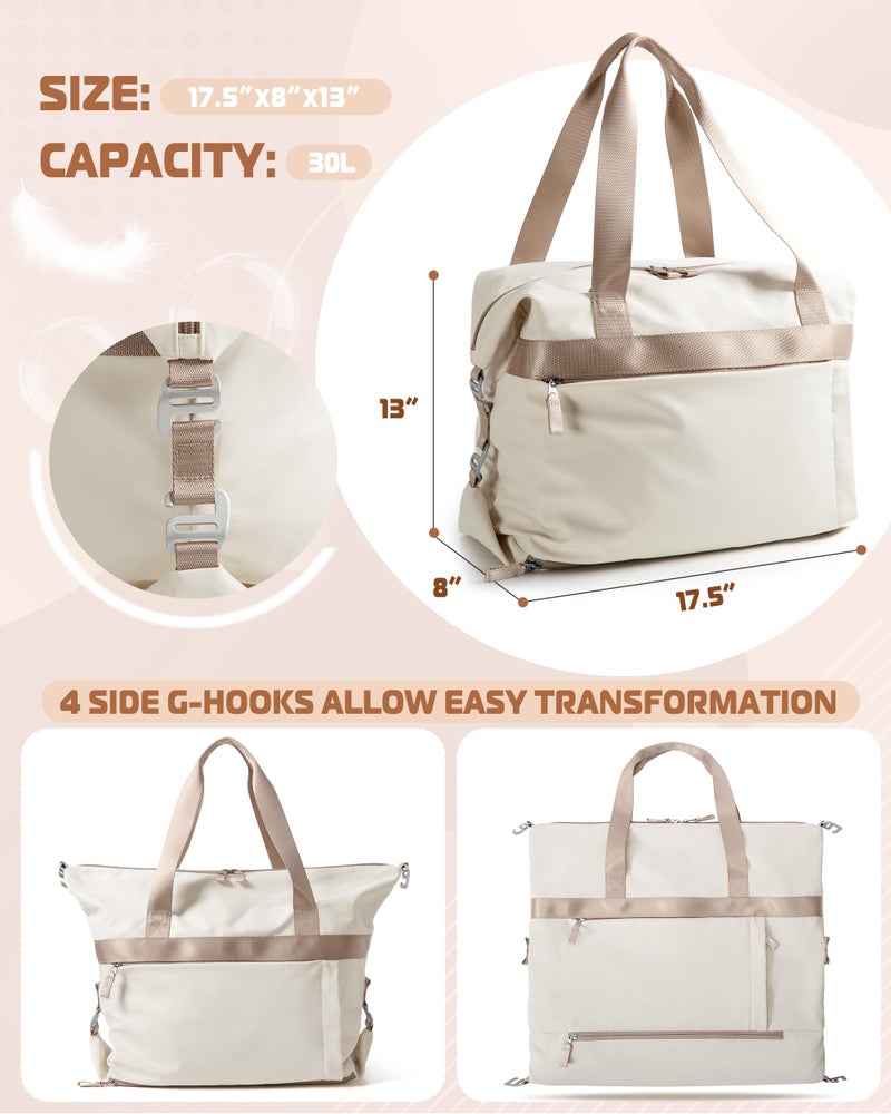 Smasrob Convertible Women Gym Bag with Shoe Compartment and Wet Pocket, Women Duffle Bag with Multiple Pockets and Crossbody Shoulder Strap for Travel and Gym, Beige - Image 4