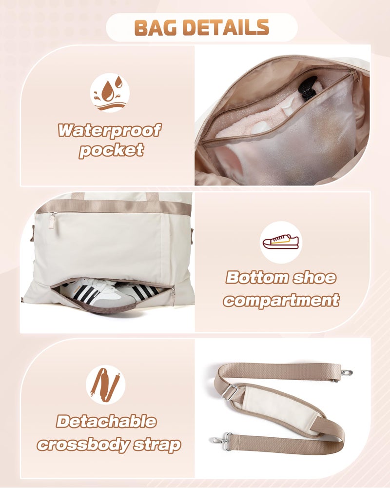 Smasrob Convertible Women Gym Bag with Shoe Compartment and Wet Pocket, Women Duffle Bag with Multiple Pockets and Crossbody Shoulder Strap for Travel and Gym, Beige - Image 3