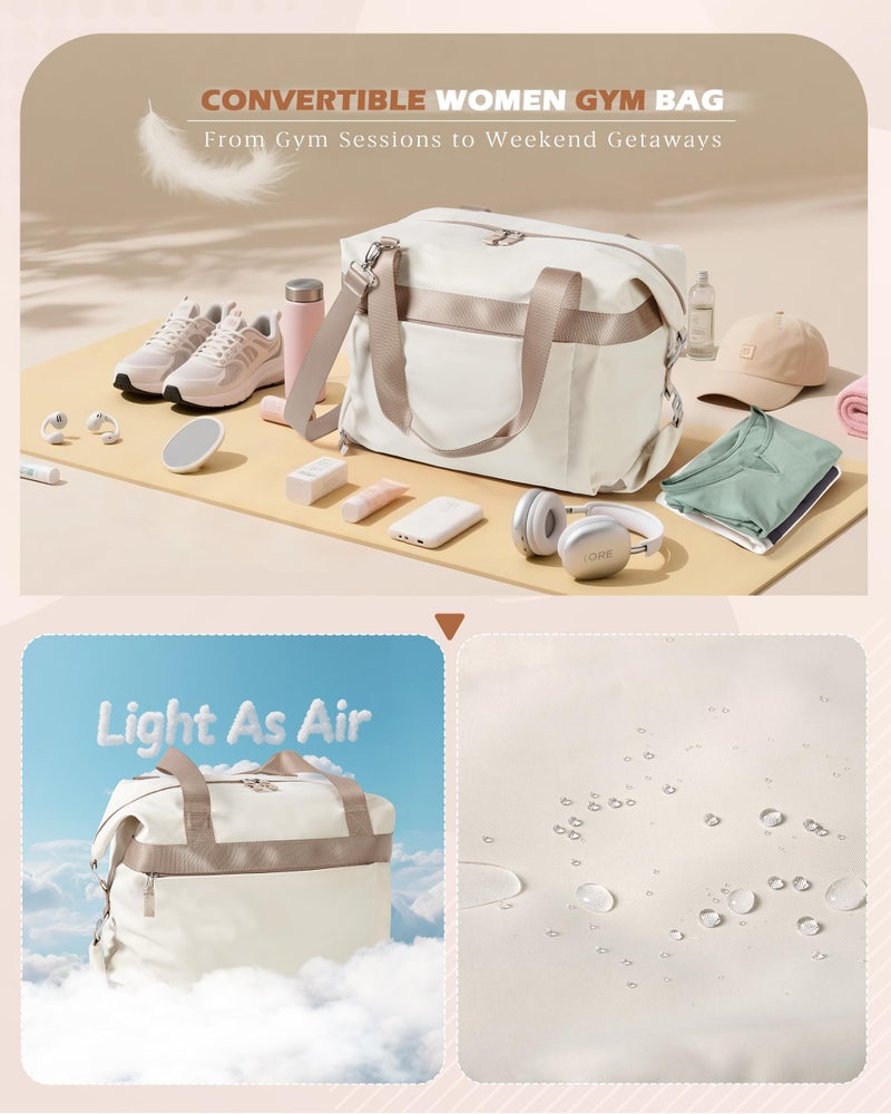 Smasrob Convertible Women Gym Bag with Shoe Compartment and Wet Pocket, Women Duffle Bag with Multiple Pockets and Crossbody Shoulder Strap for Travel and Gym, Beige - Image 5