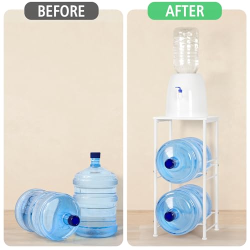 BTY Water Jug Holder Stand 2 Tier 5 Gallon Water Bottle Rack with Top Shelves 5 Gallon Water Bottle Holder Organizer Water Dispenser Stand for Kitchen, Home Office, Living Room, White - Image 5
