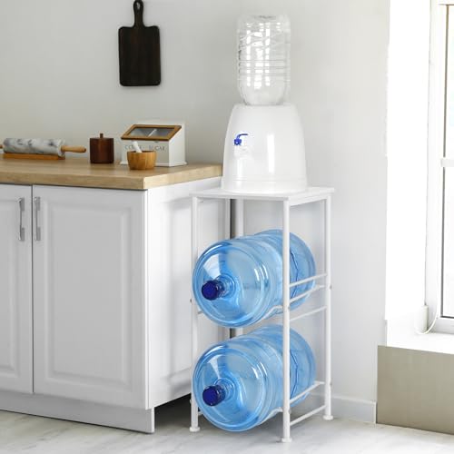 BTY Water Jug Holder Stand 2 Tier 5 Gallon Water Bottle Rack with Top Shelves 5 Gallon Water Bottle Holder Organizer Water Dispenser Stand for Kitchen, Home Office, Living Room, White - Image 2