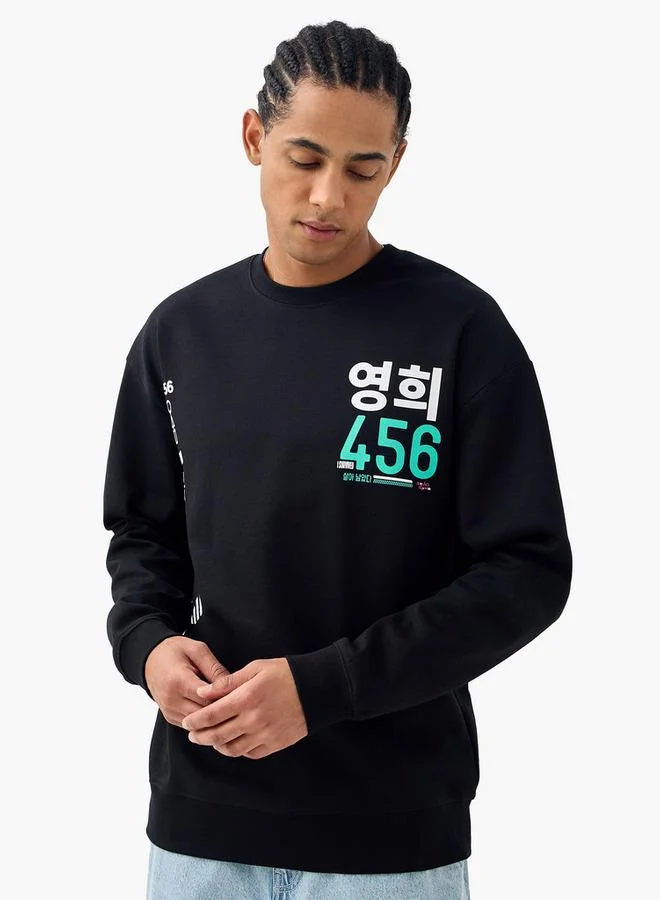 Squid Game Print Crew Neck Sweatshirt with Long Sleeves