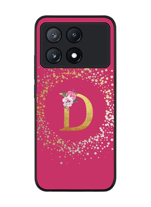 Rugged Black Edge Case for Xiaomi Poco X6 Pro, Slim Case Cover- Custom Monogram Initial Letter Floral Pattern Alphabet - D (Deep Pink Rose)