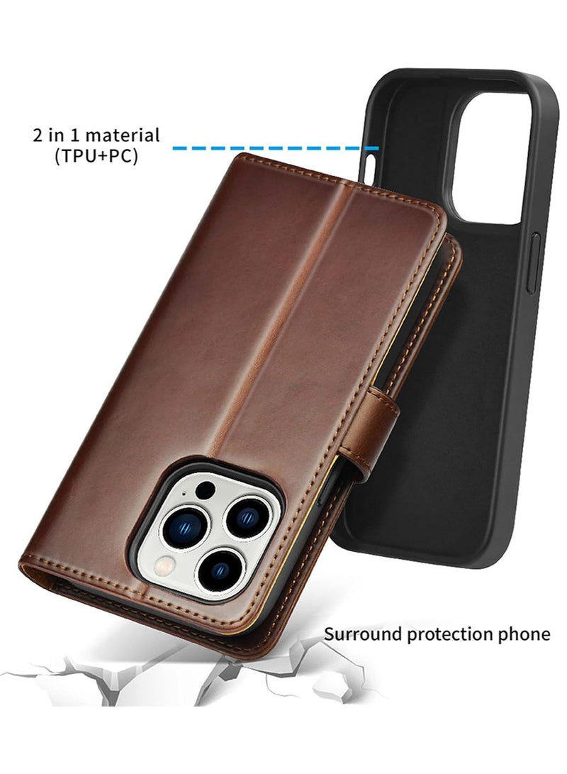 PULOKA Puloka Leather Foldable Cover for iPhone 14 Pro Max, 2 in 1 Detachable with Card Wallet - Brown - Image 4
