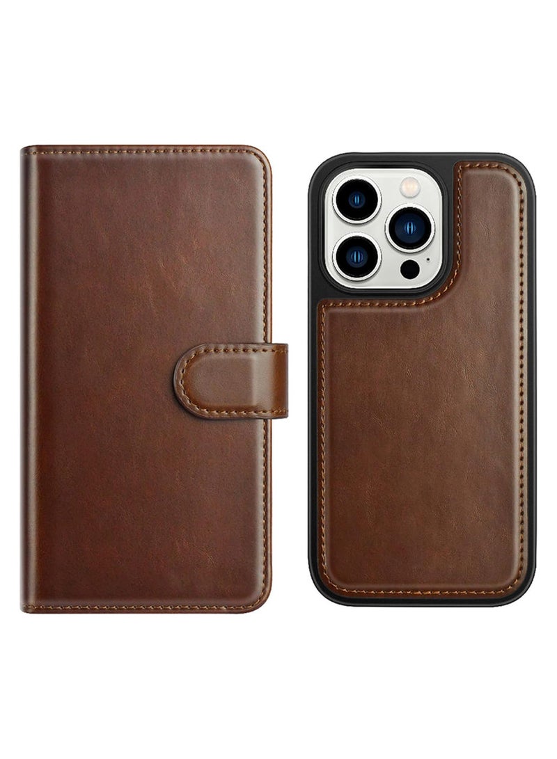 PULOKA Puloka Leather Foldable Cover for iPhone 14 Pro Max, 2 in 1 Detachable with Card Wallet - Brown - Image 1