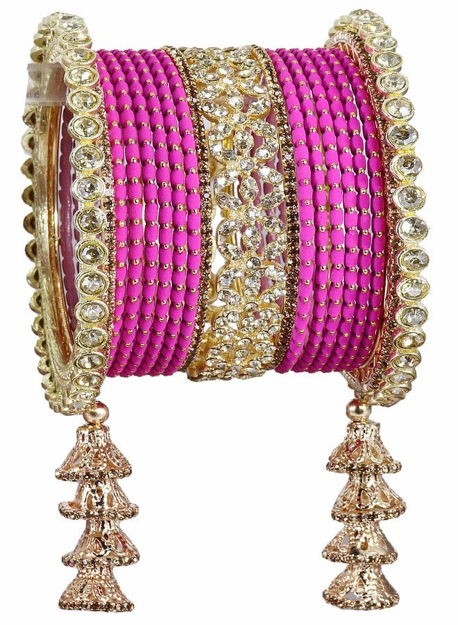 LAVAZZA Golden Metal Bangles Latkan Chuda Set for Bridal Women & Girls With Zircon Diamond Stone | Magenta | Bridal Bangles for Wedding | AD Pink-(Chuda15-Magenta-2.6) - Image 2