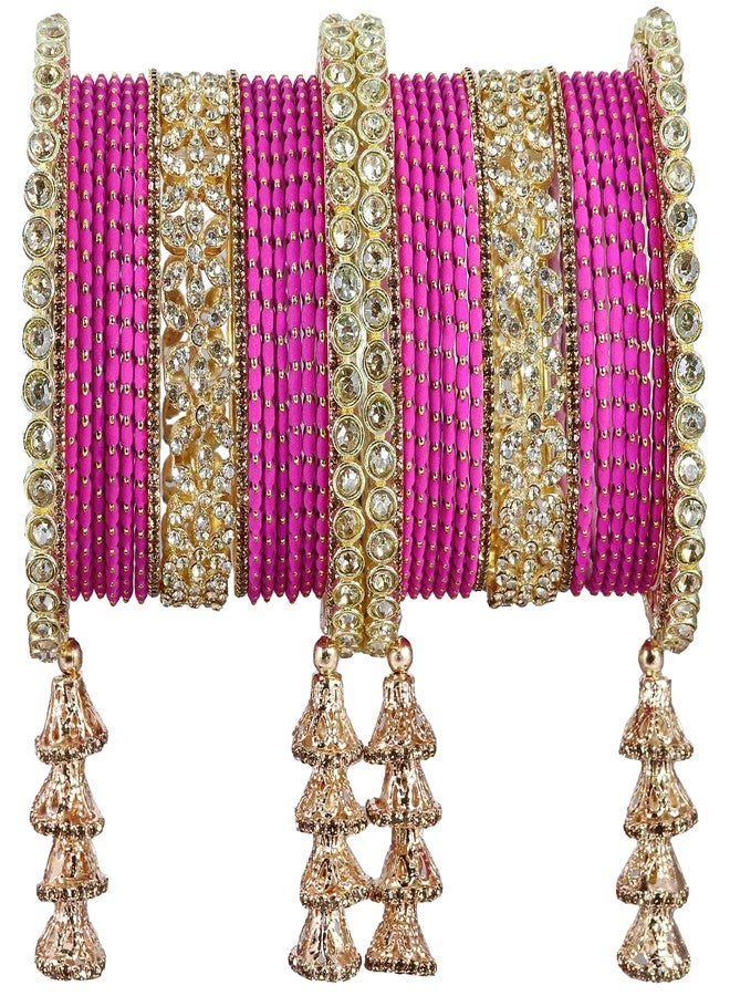 LAVAZZA Golden Metal Bangles Latkan Chuda Set for Bridal Women & Girls With Zircon Diamond Stone | Magenta | Bridal Bangles for Wedding | AD Pink-(Chuda15-Magenta-2.6) - Image 1