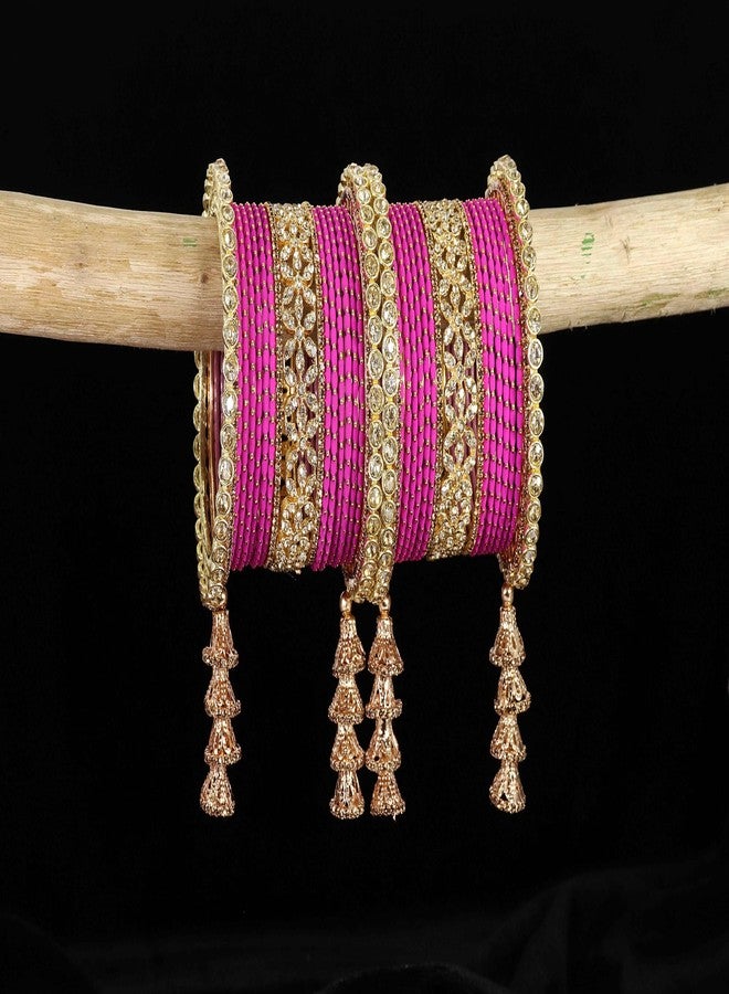 LAVAZZA Golden Metal Bangles Latkan Chuda Set for Bridal Women & Girls With Zircon Diamond Stone | Magenta | Bridal Bangles for Wedding | AD Pink-(Chuda15-Magenta-2.6) - Image 3