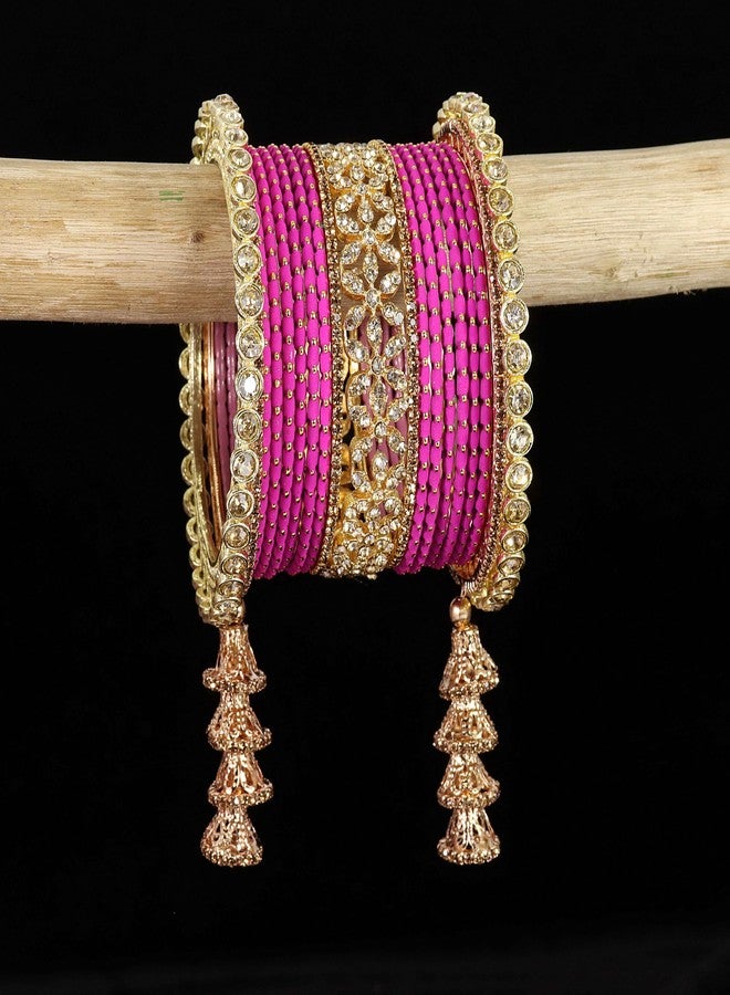 LAVAZZA Golden Metal Bangles Latkan Chuda Set for Bridal Women & Girls With Zircon Diamond Stone | Magenta | Bridal Bangles for Wedding | AD Pink-(Chuda15-Magenta-2.6) - Image 4