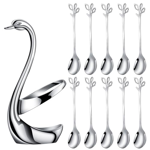AnSaw Silver Small Coffee Spoon Holder Set,Swan Base With 10 Pcs Demitasse Espresso Spoons Set,4.7" Mini Leaf Dessert Spoon,Stainless Steel Tea Spoons - Image 1