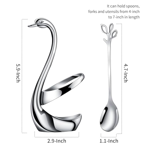 AnSaw Silver Small Coffee Spoon Holder Set,Swan Base With 10 Pcs Demitasse Espresso Spoons Set,4.7" Mini Leaf Dessert Spoon,Stainless Steel Tea Spoons - Image 2