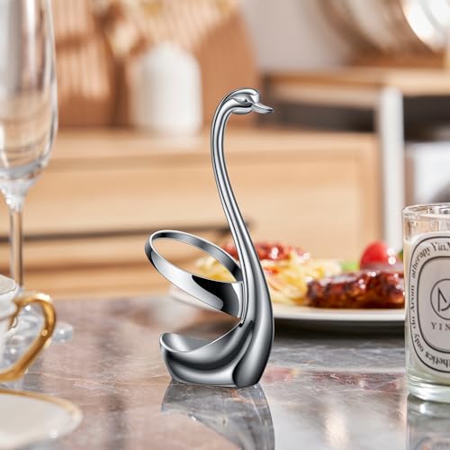 AnSaw Silver Small Coffee Spoon Holder Set,Swan Base With 10 Pcs Demitasse Espresso Spoons Set,4.7" Mini Leaf Dessert Spoon,Stainless Steel Tea Spoons - Image 5
