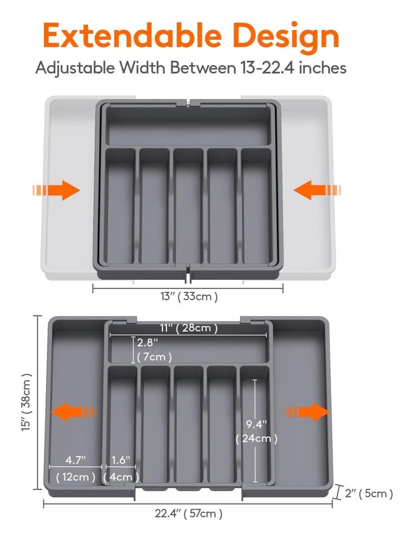 ROEIEIS Silverware Drawer Organizer, Expandable Utensil Tray for Kitchen, BPA Free Flatware and Cutlery Holder, Adjustable Plastic Storage for Spoons Forks Knives, Large, Grey - Image 2