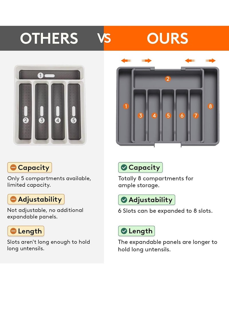 ROEIEIS Silverware Drawer Organizer, Expandable Utensil Tray for Kitchen, BPA Free Flatware and Cutlery Holder, Adjustable Plastic Storage for Spoons Forks Knives, Large, Grey - Image 3