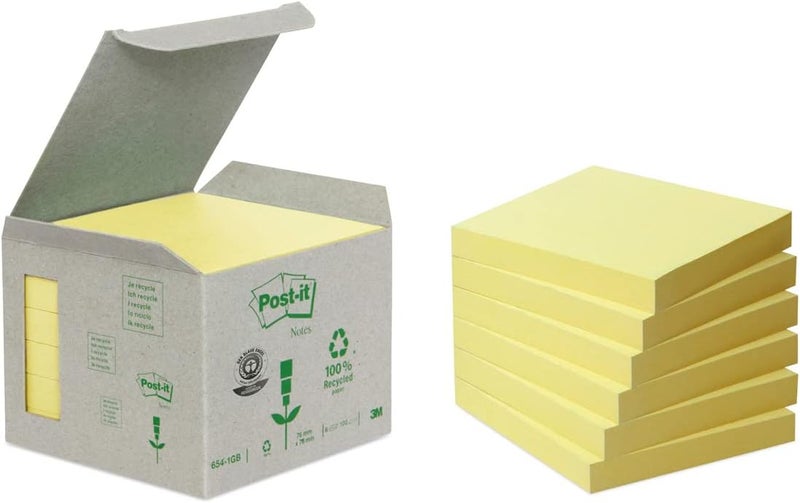 بوست-إت ملاحظات Post-it قابلة لإعادة التدوير، لون أصفر كناري، عبوة تحتوي على 6 ألواح، 100 ورقة في كل لوح، مقاس 76 مم × 76 مم، لون أصفر – ملاحظات لاصقة مصنوعة من ورق معاد تدويره بنسبة 100% - Image 1