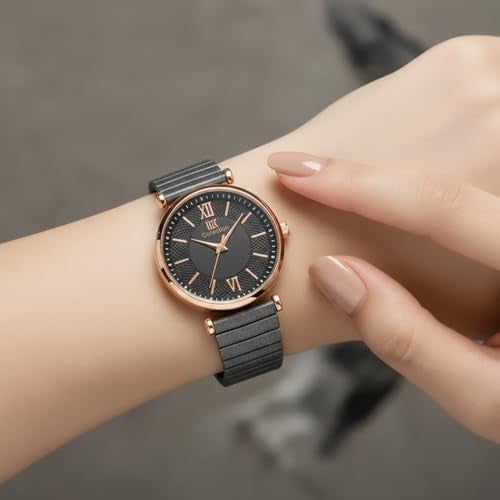 IIK COLLECTION Watches for Woman Round Dial |Analogue Quartz Movemnet Ladies Watch|Long Battery Life|Metal Bracelet Chain Strap|Double Lock Clasp Safety Watches for Girls (Black) - Image 5