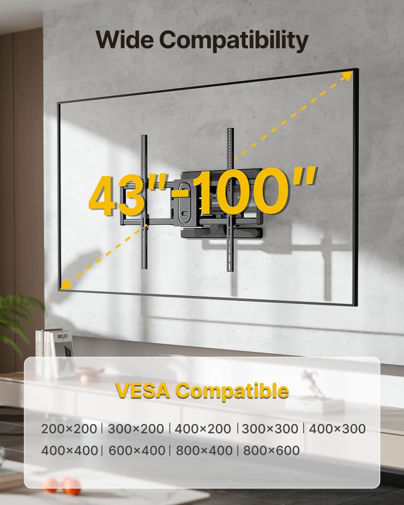 monTEK Heavy Duty Full Motion TV Wall Mount for 43â€“100 Inch TVs Pre-Assembled Bracket with Tool-Free Tilt Swivel & Extension Max VESA 800x600, 150lbs 4X Strength Tested Fits 16/18 Inch Studs - Image 2