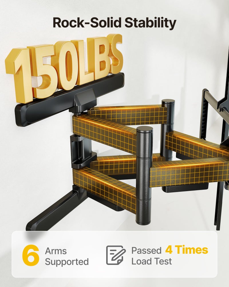 monTEK Heavy Duty Full Motion TV Wall Mount for 43â€“100 Inch TVs Pre-Assembled Bracket with Tool-Free Tilt Swivel & Extension Max VESA 800x600, 150lbs 4X Strength Tested Fits 16/18 Inch Studs - Image 4