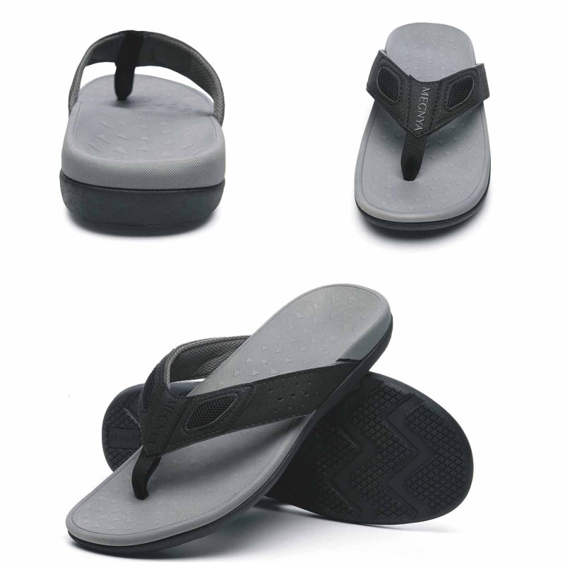 MEGNYA Comfotr Mens Orthotic Flip Flops Thong Sandals for Flat Feet Plantar Fasciitis with Arch Support Soft Toe-Post Slippers Indoor black&grey Size 10 - Image 3