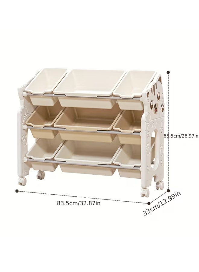 Beauenty Large Capacity Kids Toy Storage Organizer Rack with Wheels, Movable Books & Toys Storage Cabinet with Bins, Eco-Friendly Nursery Playroom Organizer - Image 2