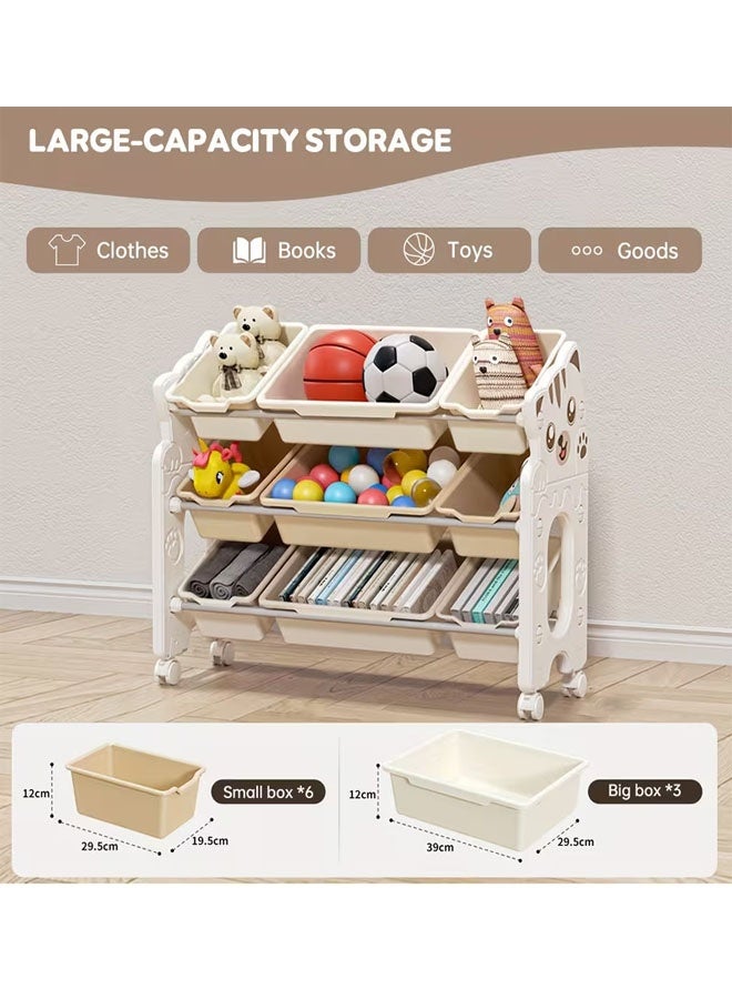 Beauenty Large Capacity Kids Toy Storage Organizer Rack with Wheels, Movable Books & Toys Storage Cabinet with Bins, Eco-Friendly Nursery Playroom Organizer - Image 3