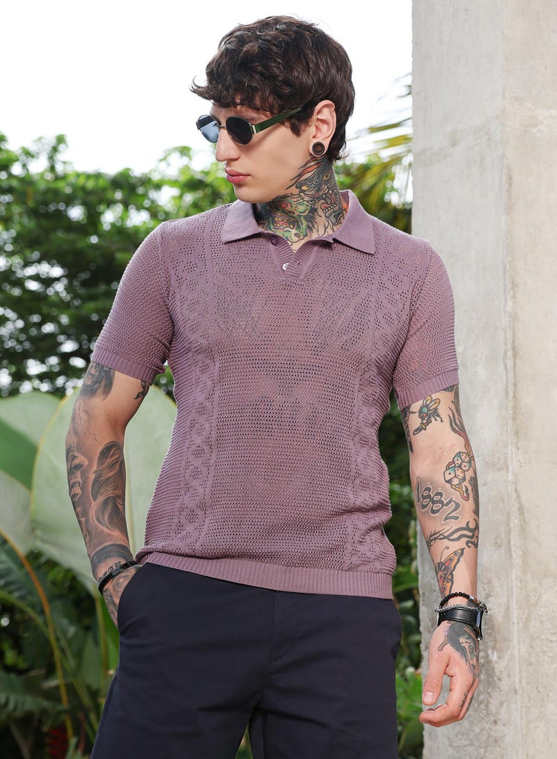 Campus Sutra Campus Sutra Men's Mauve Purple Spiral-Panel Open-Knit Polo T-Shirt | Self-Design Knitted Texture & Polo Collar | Breathable Cotton Blend Fabric | Lightweight & Casual Wear for Everyday Outings - Image 2