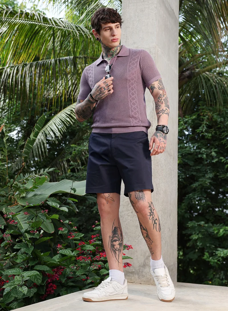 Campus Sutra Campus Sutra Men's Mauve Purple Spiral-Panel Open-Knit Polo T-Shirt | Self-Design Knitted Texture & Polo Collar | Breathable Cotton Blend Fabric | Lightweight & Casual Wear for Everyday Outings