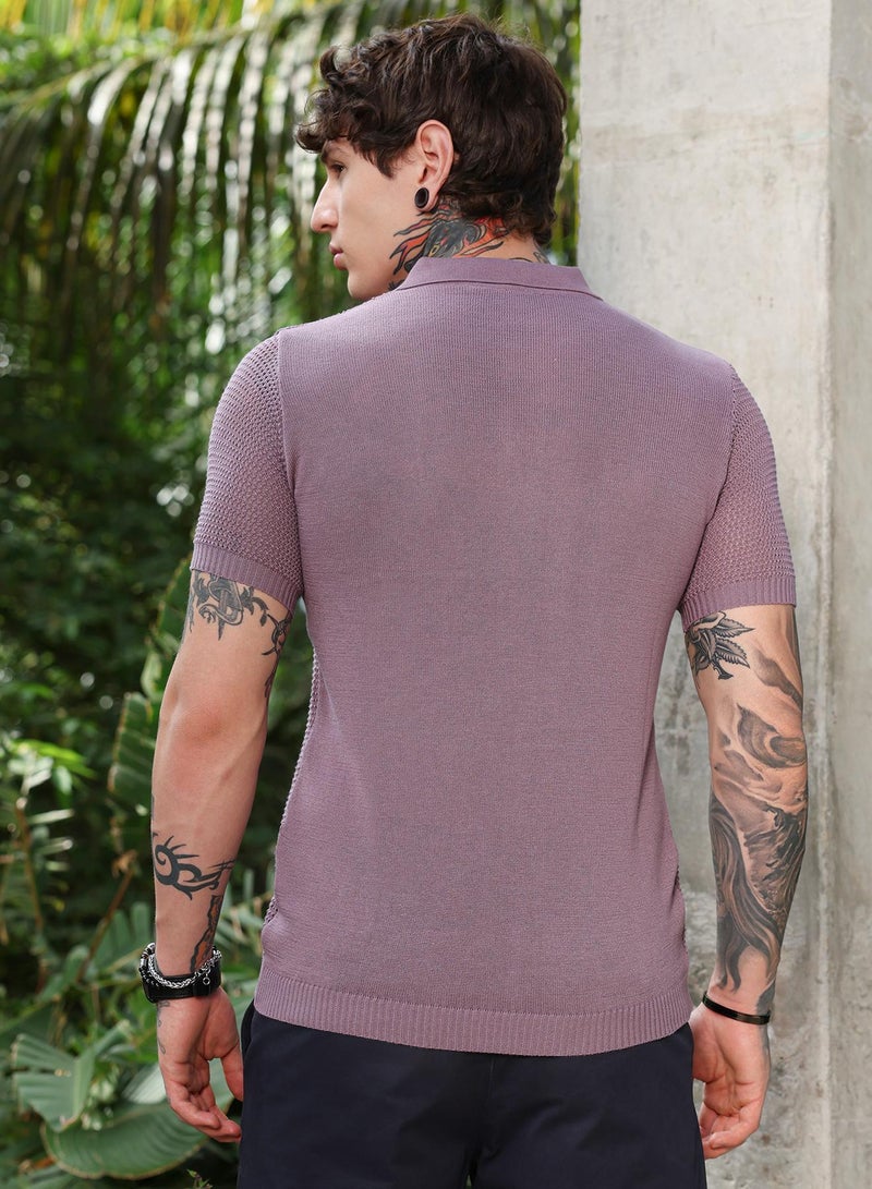 Campus Sutra Campus Sutra Men's Mauve Purple Spiral-Panel Open-Knit Polo T-Shirt | Self-Design Knitted Texture & Polo Collar | Breathable Cotton Blend Fabric | Lightweight & Casual Wear for Everyday Outings - Image 5