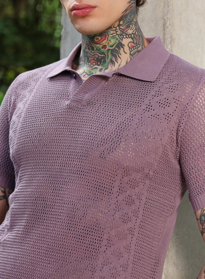 Campus Sutra Campus Sutra Men's Mauve Purple Spiral-Panel Open-Knit Polo T-Shirt | Self-Design Knitted Texture & Polo Collar | Breathable Cotton Blend Fabric | Lightweight & Casual Wear for Everyday Outings