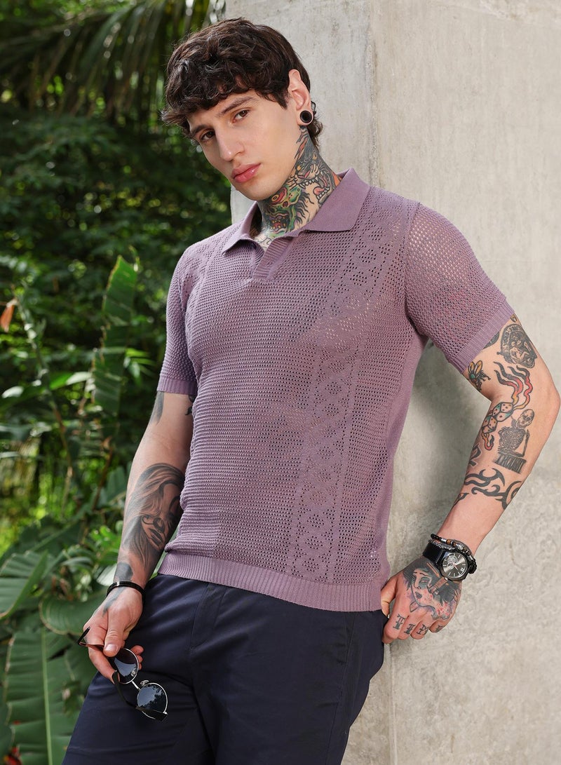Campus Sutra Campus Sutra Men's Mauve Purple Spiral-Panel Open-Knit Polo T-Shirt | Self-Design Knitted Texture & Polo Collar | Breathable Cotton Blend Fabric | Lightweight & Casual Wear for Everyday Outings - Image 3