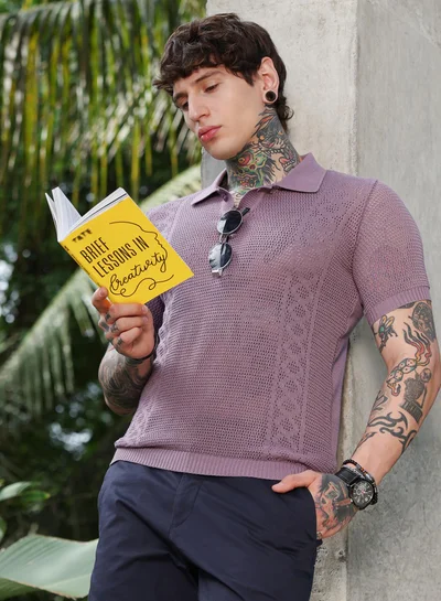 Campus Sutra Campus Sutra Men's Mauve Purple Spiral-Panel Open-Knit Polo T-Shirt | Self-Design Knitted Texture & Polo Collar | Breathable Cotton Blend Fabric | Lightweight & Casual Wear for Everyday Outings
