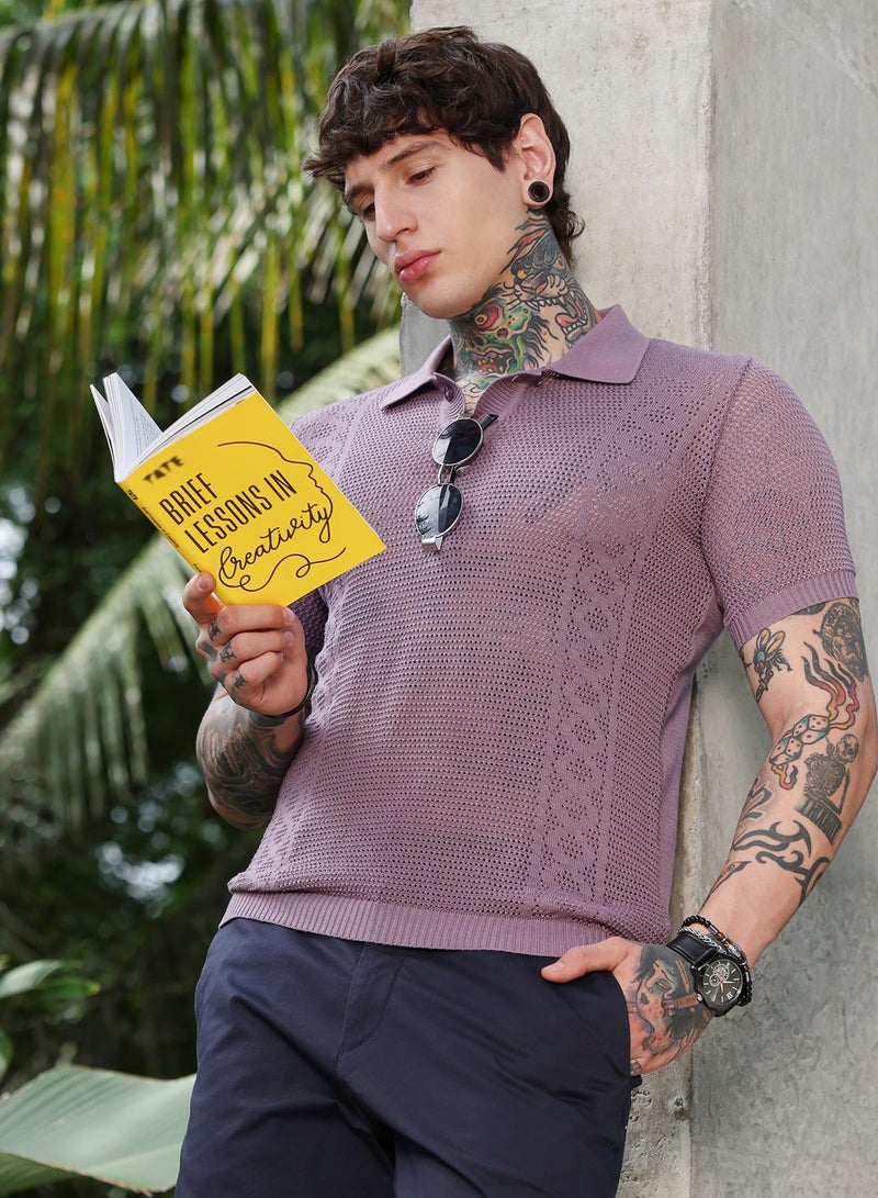 Campus Sutra Campus Sutra Men's Mauve Purple Spiral-Panel Open-Knit Polo T-Shirt | Self-Design Knitted Texture & Polo Collar | Breathable Cotton Blend Fabric | Lightweight & Casual Wear for Everyday Outings - Image 1