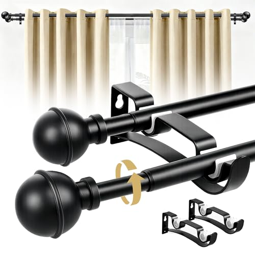 Guankai Adjustable Double Curtain Rods for Windows Set 30 to 57 Inch, Black Curtains Rod with 2PCS Brackets, Small Extra Long 5/8" Diameter Blackout Cortineros Para Ventanas for Bedroom, Living Room - Image 1
