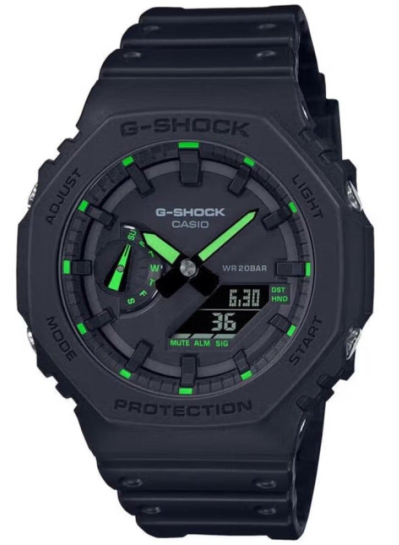 كاسيو ساعه كاسيو G-Shock GA-2100-1A3 بحزام راتينج أسود مع لمسات باللون الأخضر الفلوري، إضاءة خلفية LED، مقاومة للصدمات - Image 1