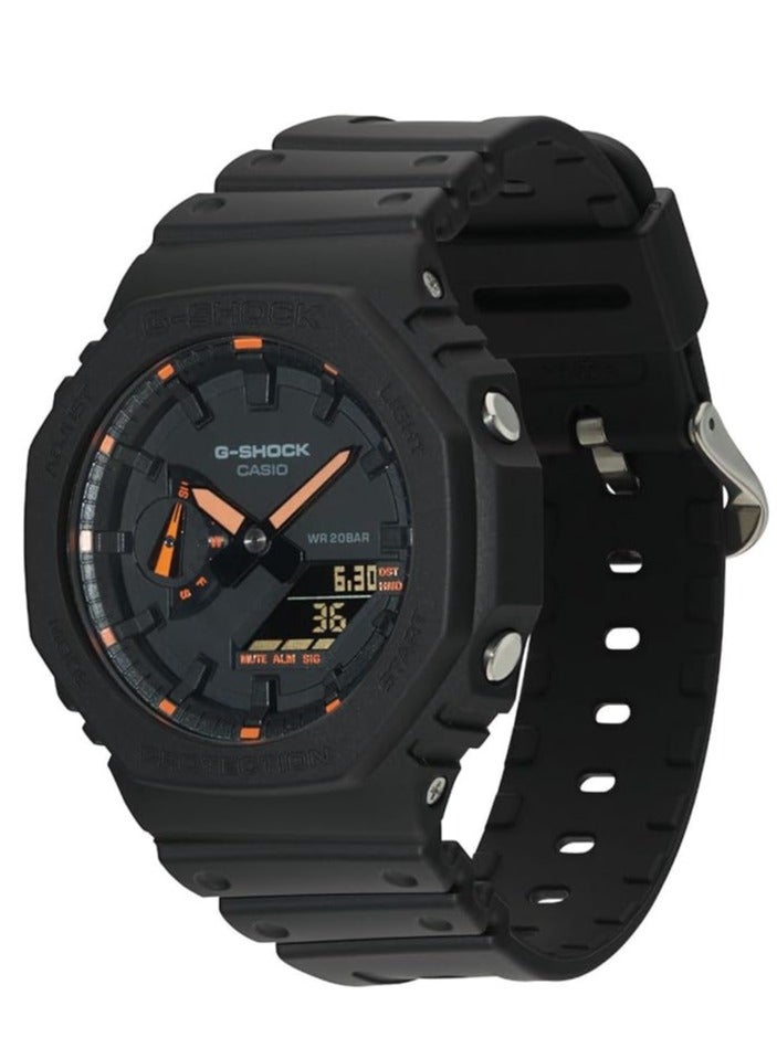 كاسيو ساعه كاسيو G-Shock GA-2100-1A3 بحزام راتينج أسود مع لمسات باللون الأخضر الفلوري، إضاءة خلفية LED، مقاومة للصدمات - Image 2
