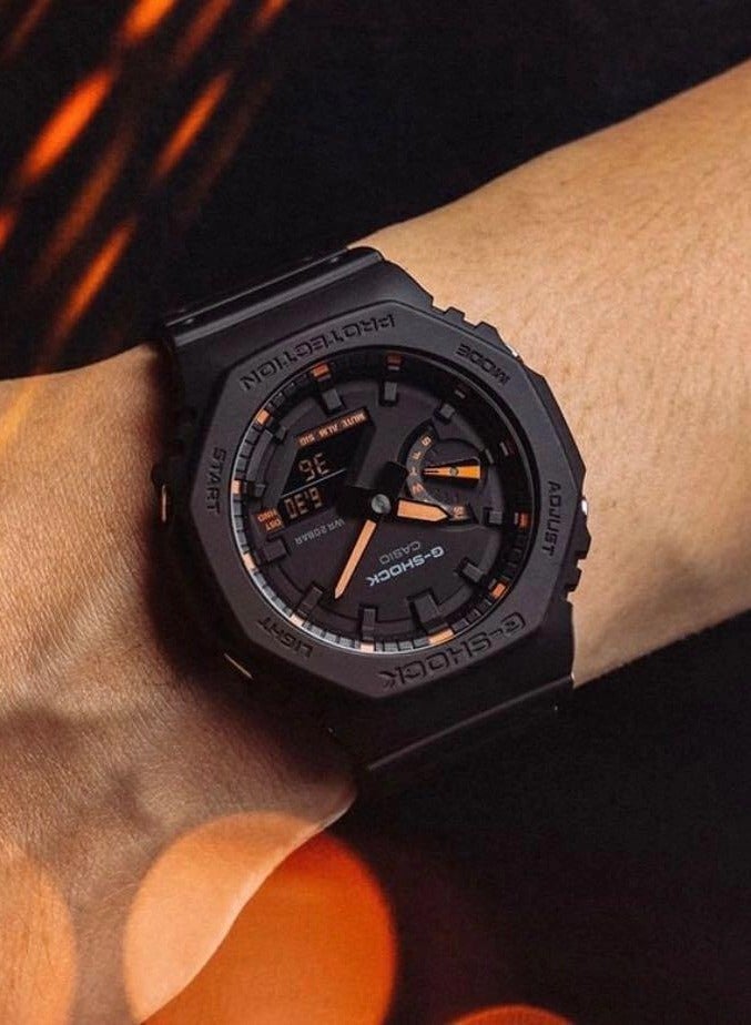 كاسيو ساعه كاسيو G-Shock GA-2100-1A3 بحزام راتينج أسود مع لمسات باللون الأخضر الفلوري، إضاءة خلفية LED، مقاومة للصدمات - Image 5