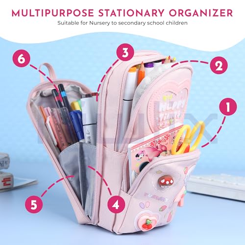 Niwlix Pencil Pouch Case Box for School Kids Girls Boy Large Capacity Multifunctional Pouch for School Kids Aesthetic Cute Stationary Gift 6 Layer with 3 Compartment - Pink - Image 2