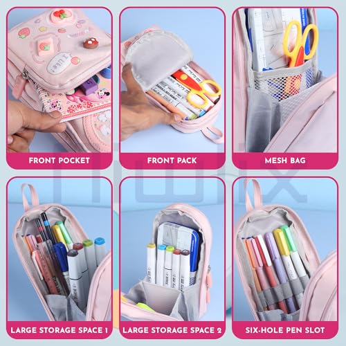Niwlix Pencil Pouch Case Box for School Kids Girls Boy Large Capacity Multifunctional Pouch for School Kids Aesthetic Cute Stationary Gift 6 Layer with 3 Compartment - Pink - Image 3