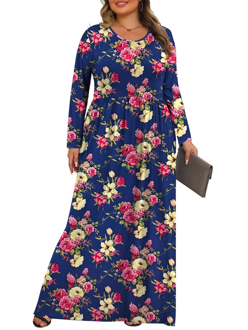 Tencede Womens Plus Size Maxi Dresses Long Sleeve with Pockets Casual Long Dress Blue Begonia 3X - Image 3