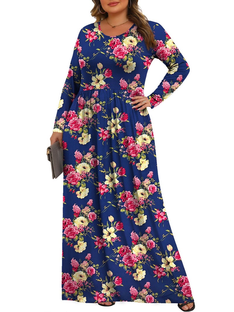 Tencede Womens Plus Size Maxi Dresses Long Sleeve with Pockets Casual Long Dress Blue Begonia 3X - Image 2