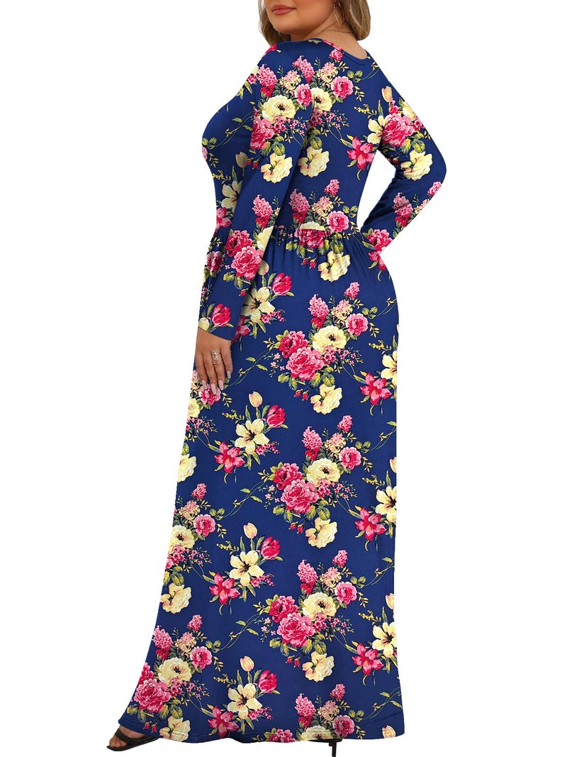 Tencede Womens Plus Size Maxi Dresses Long Sleeve with Pockets Casual Long Dress Blue Begonia 3X - Image 4