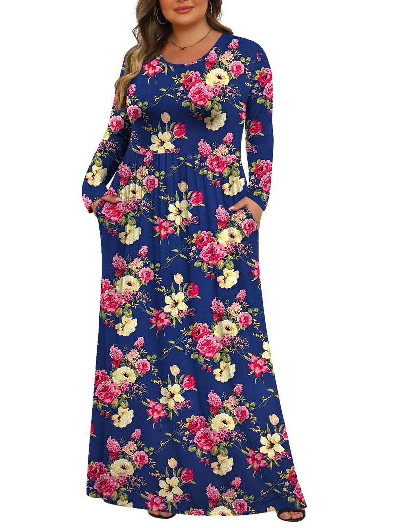 Tencede Womens Plus Size Maxi Dresses Long Sleeve with Pockets Casual Long Dress Blue Begonia 3X - Image 1
