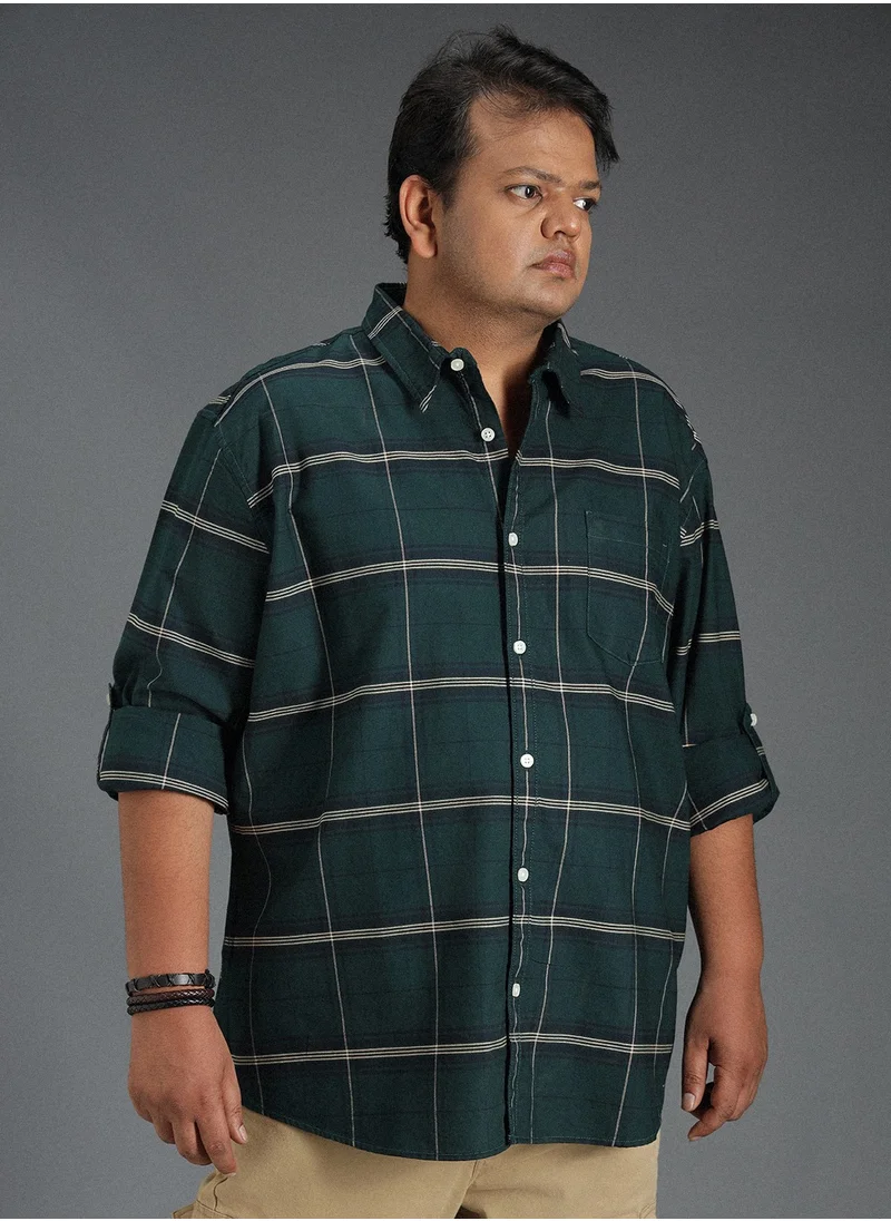 هاي ستار Regular Fit Check Shirt for Men - Green Cotton Woven